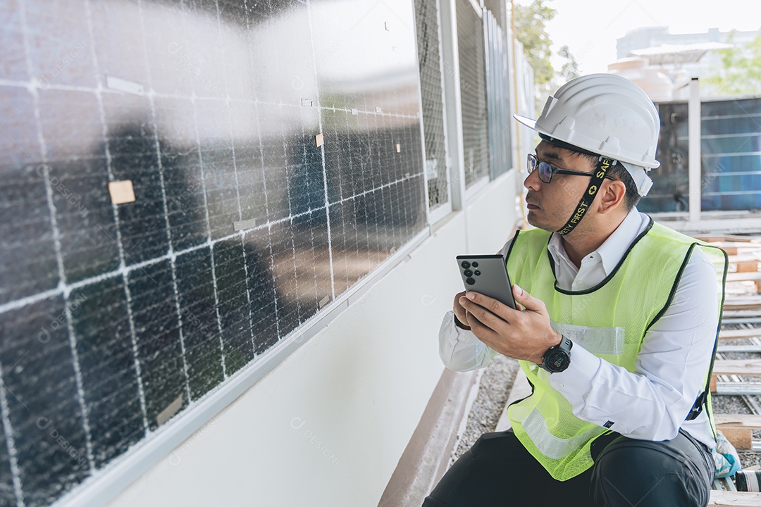 Homem profissional de placas fotovoltaicas com capacete de segurança