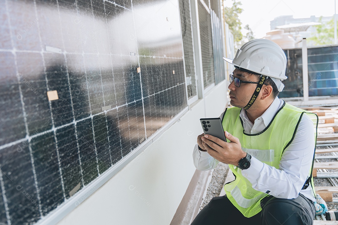 Homem profissional de placas fotovoltaicas com capacete de segurança