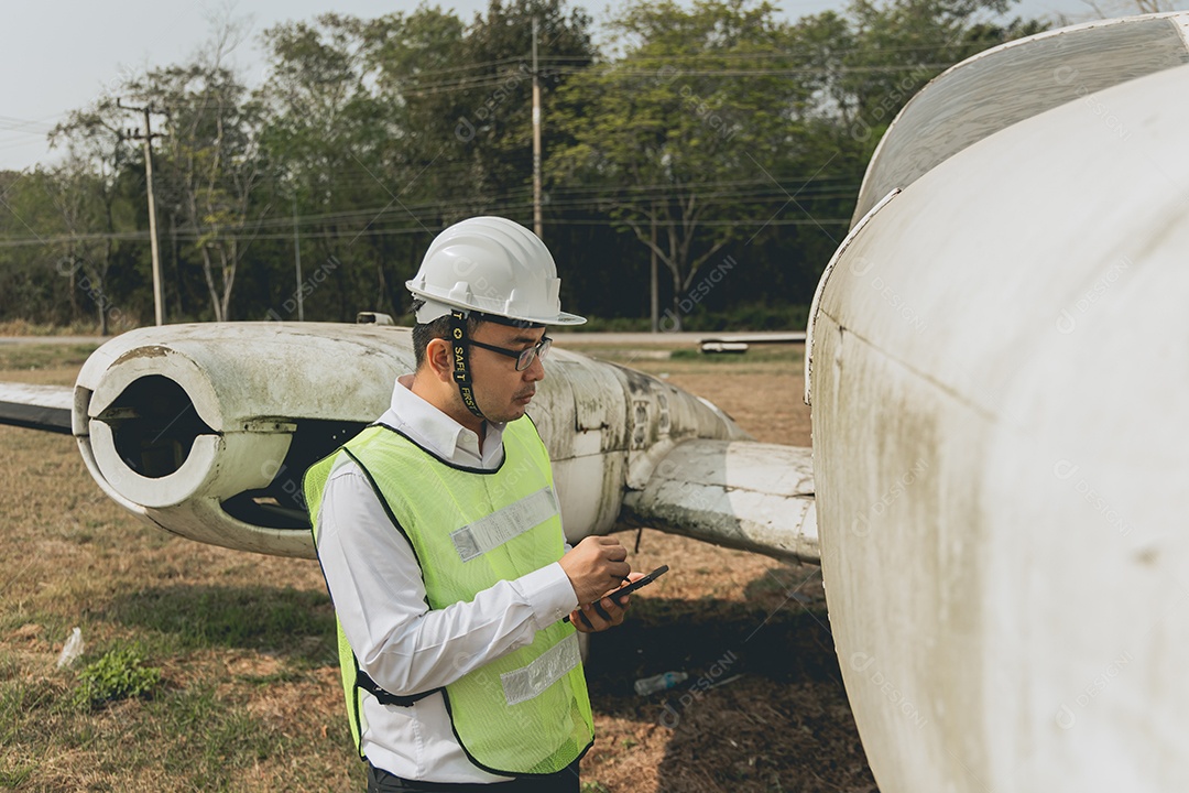 Engenheiro aeronáutico asiático trabalhando em helicóptero em hangar