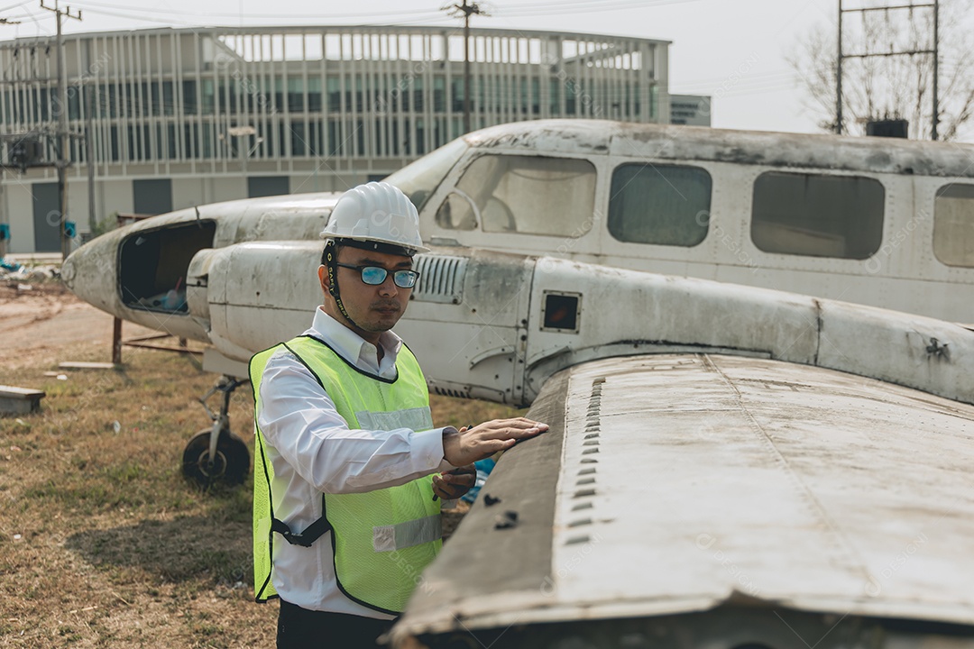 Mecânico de aeronaves examinando a asa do avião