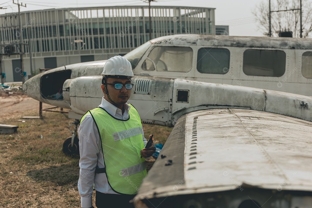 Mecânico de aeronaves examinando a asa do avião