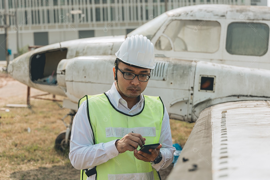 Mecânico de aeronaves examinando a asa do avião