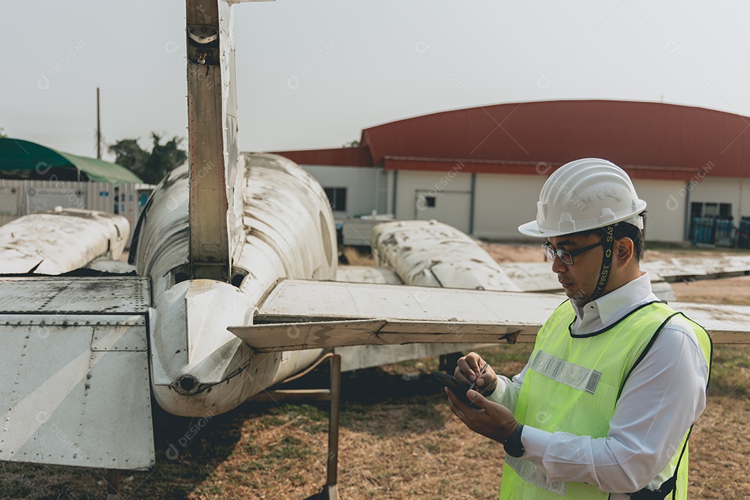 Mecânico de aeronaves examinando a asa do avião