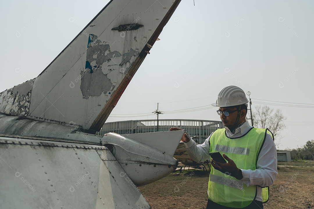 Homem técnico profissional consertando aeronave