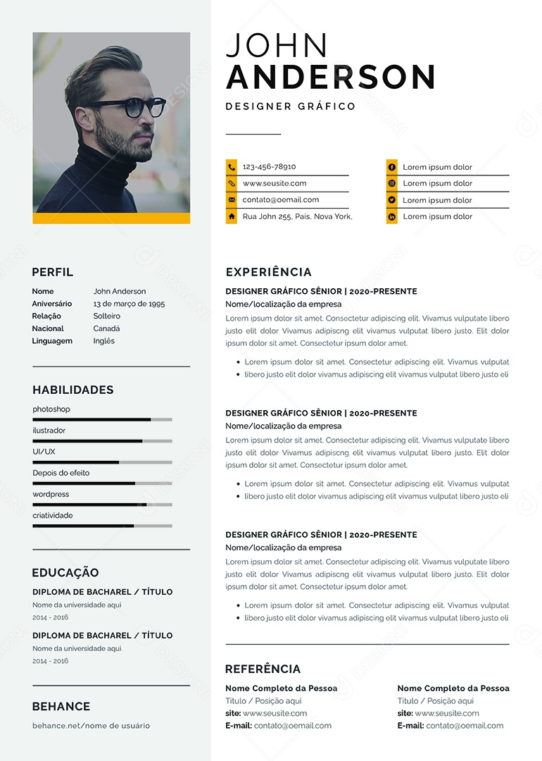 Modelo de Currículo Designer Gráfico PSD Editável