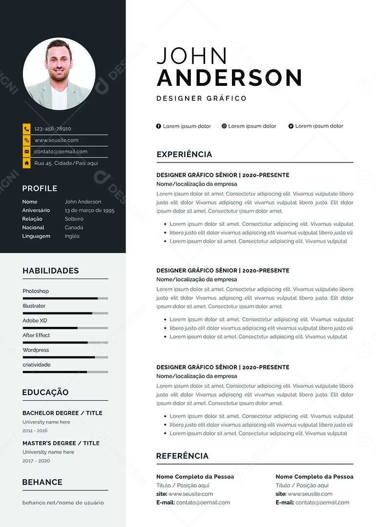 Modelo de Currículo Designer Gráfico PSD Editável