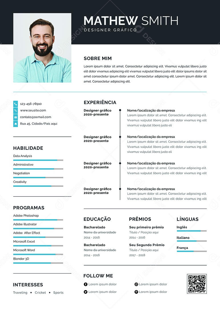 Modelo de Currículo Designer Gráfico PSD Editável