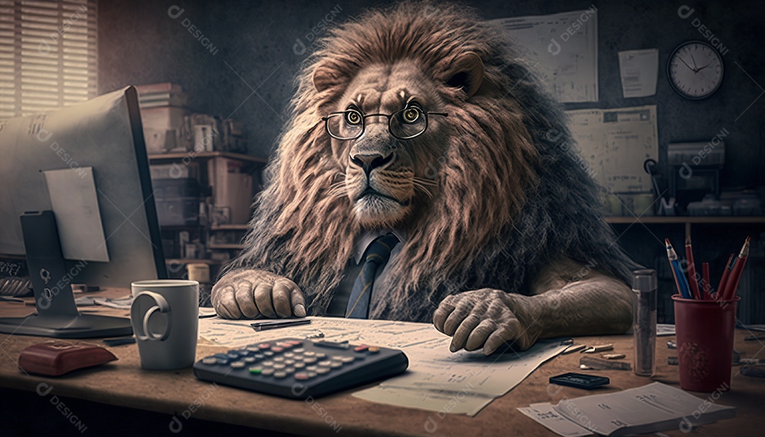 Leão de óculos sentado na mesa de trabalho