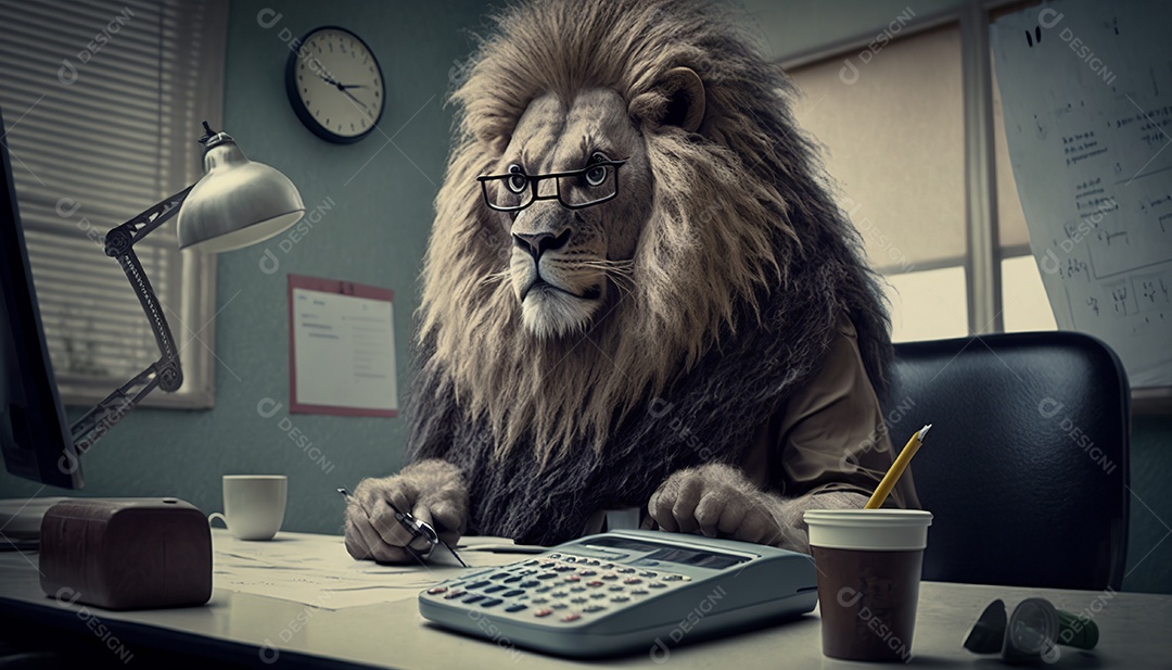 Leão de óculos sentado na mesa de trabalho