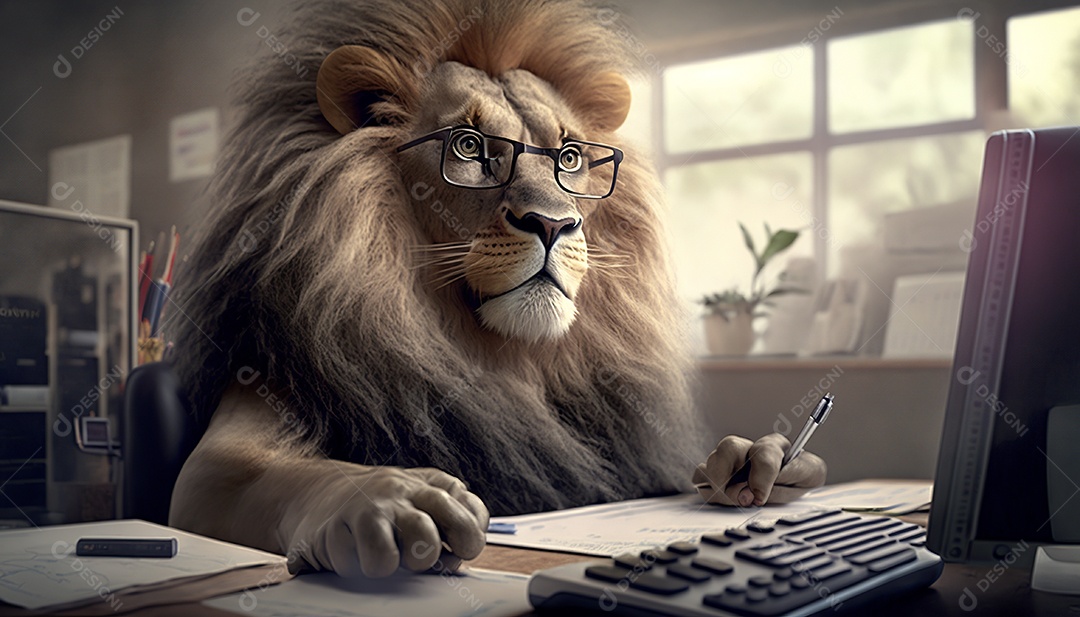 Leão de óculos sentado na mesa de trabalho