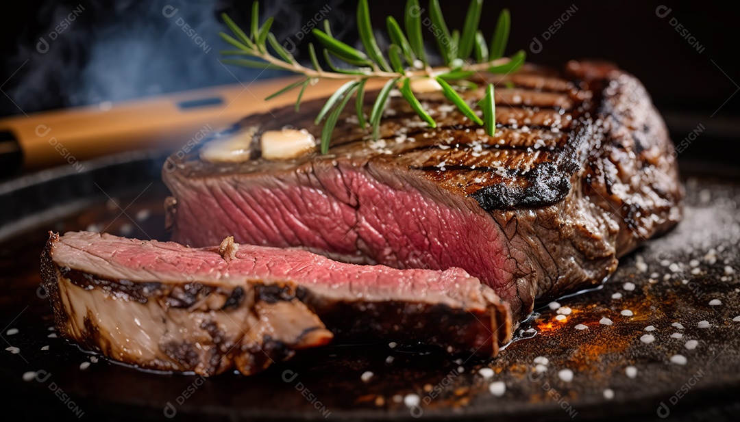 Delicioso bife grelhado em uma tábua de corte de madeira, com especiarias