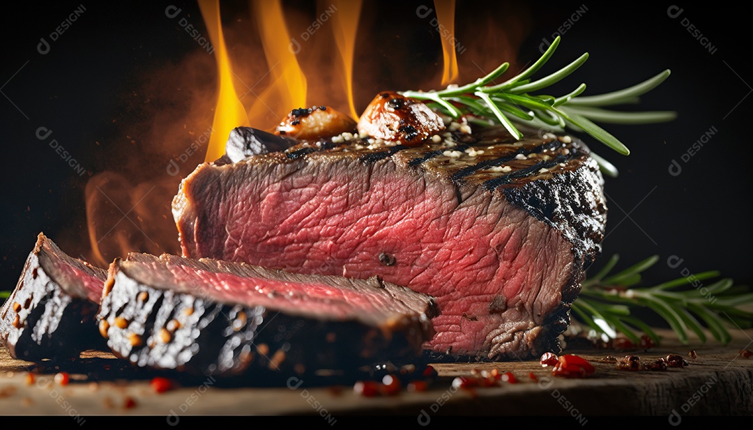 Delicioso bife grelhado em uma tábua de corte de madeira, com especiarias
