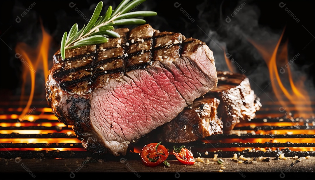 Delicioso bife grelhado em uma tábua de corte de madeira, com especiarias