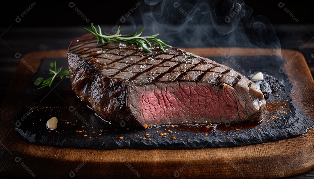 Delicioso bife grelhado em uma tábua de corte de madeira, com especiarias