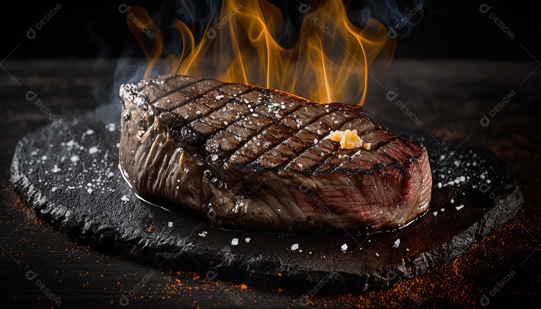 Delicioso bife grelhado em uma tábua de corte de madeira, com especiarias