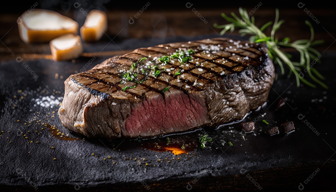 Delicioso bife grelhado em uma tábua de corte de madeira, com especiarias