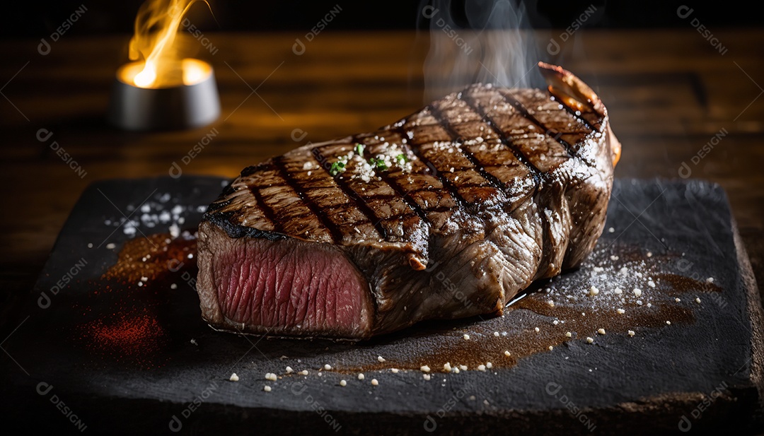 Delicioso bife grelhado em uma tábua de corte de madeira, com especiarias