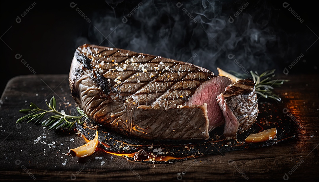 Delicioso bife grelhado em uma tábua de corte de madeira, com especiarias