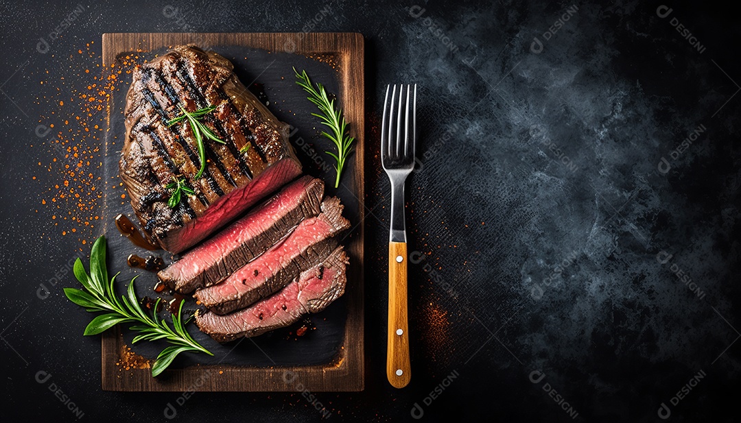 Delicioso bife grelhado em uma tábua de corte de madeira, com especiarias