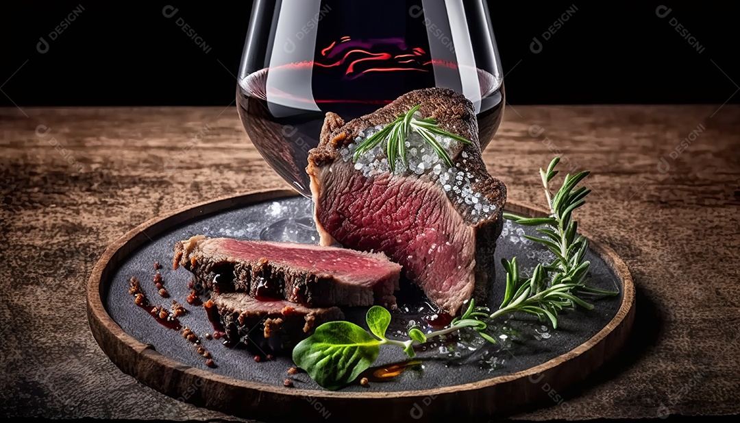 Bife grelhado mal passado sobre prato de madeira com especiarias