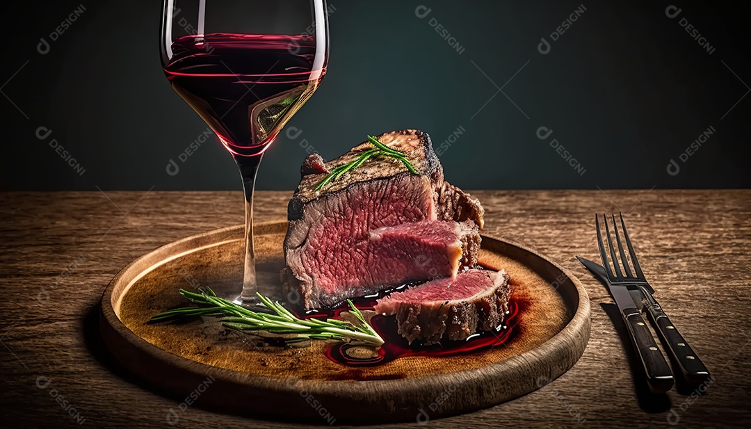 Bife grelhado mal passado sobre prato de madeira com especiarias