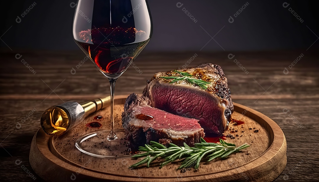 Bife grelhado mal passado sobre prato de madeira com especiarias