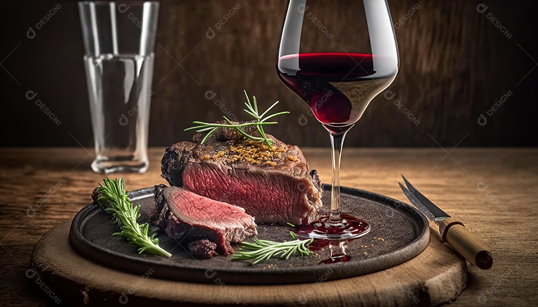 Bife grelhado mal passado sobre prato de madeira com especiarias