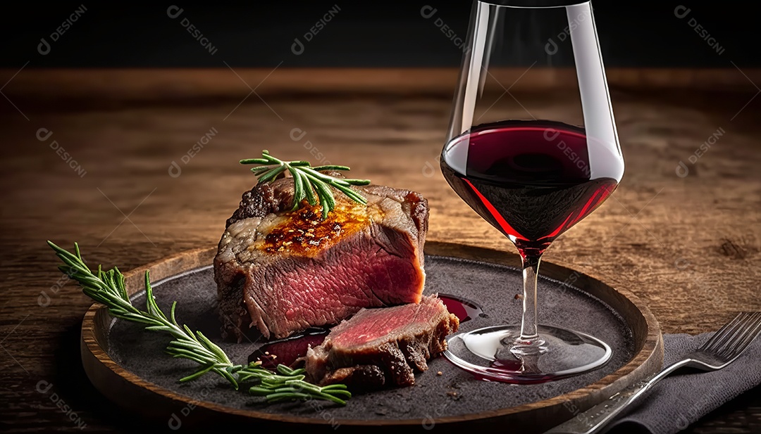 Bife grelhado mal passado sobre prato de madeira com especiarias