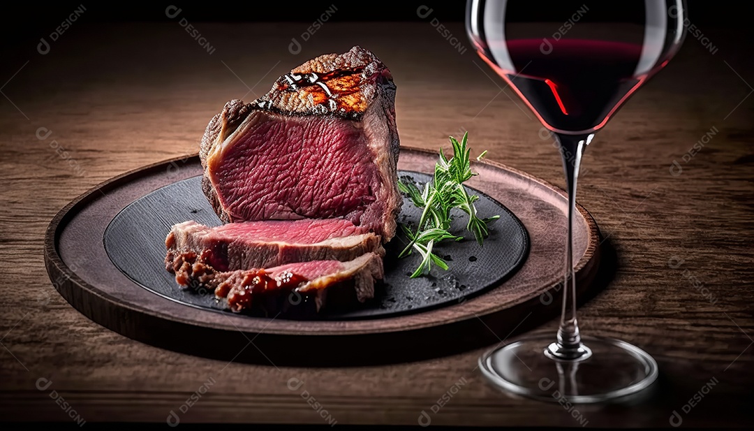 Bife grelhado mal passado sobre prato de madeira com especiarias