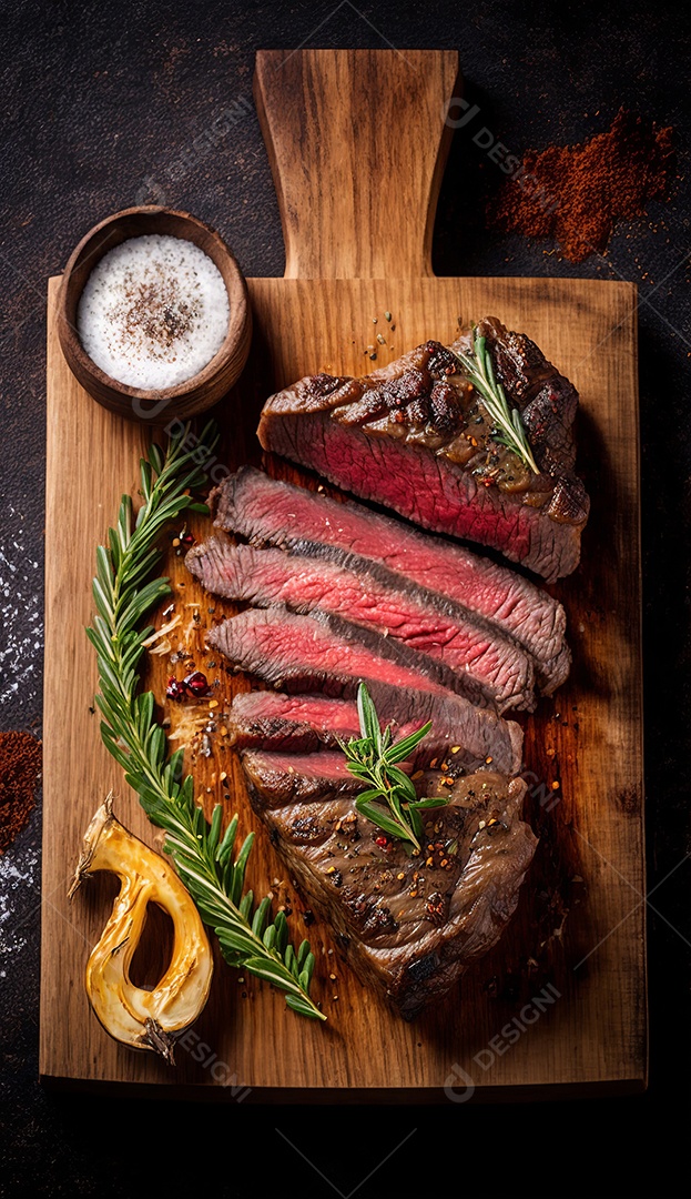 Bife grelhado mal passado sobre tábua de madeira com especiarias