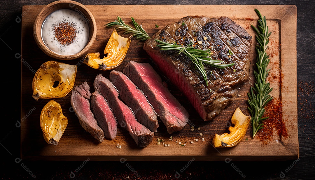 Bife grelhado mal passado sobre tábua de madeira com especiarias