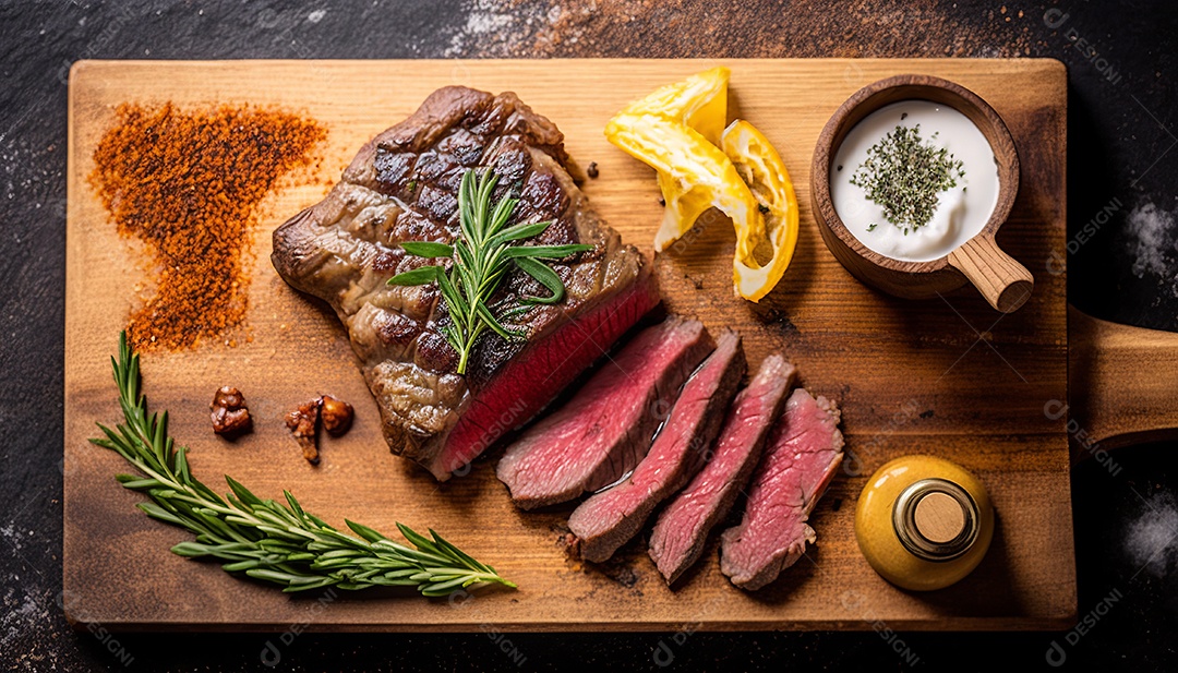 Delicioso bife grelhado em uma tábua de corte de madeira, com especiarias