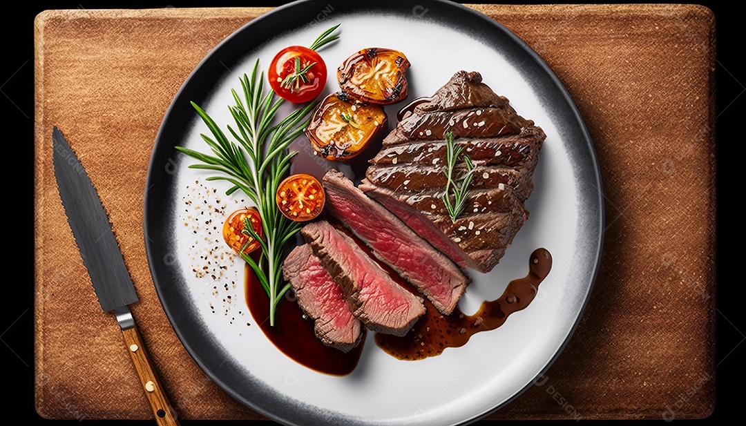 Delicioso bife grelhado em um prato de cerâmica, com especiarias