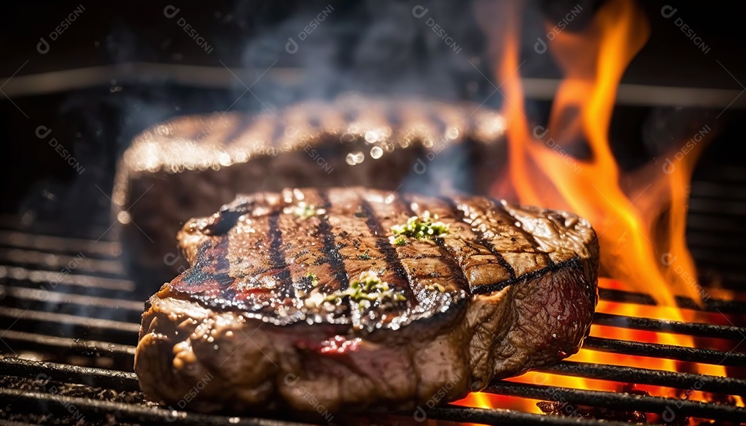 Bifes grelhados na brasa, fogo quente.