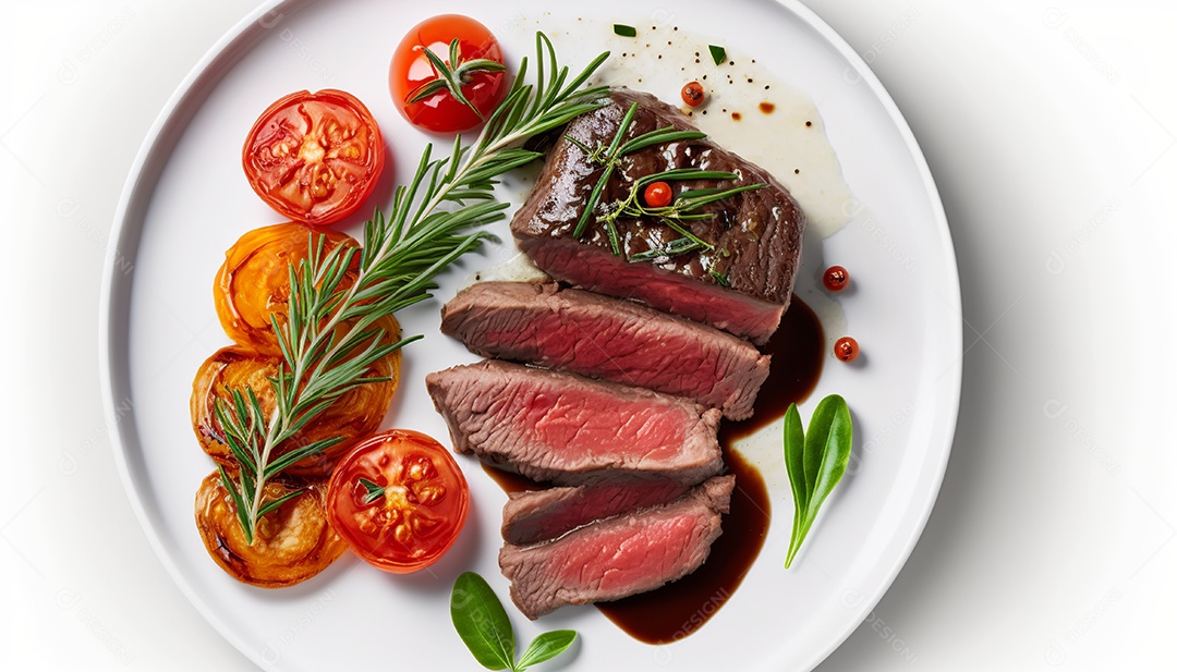 Delicioso bife grelhado em um prato de cerâmica, com especiarias