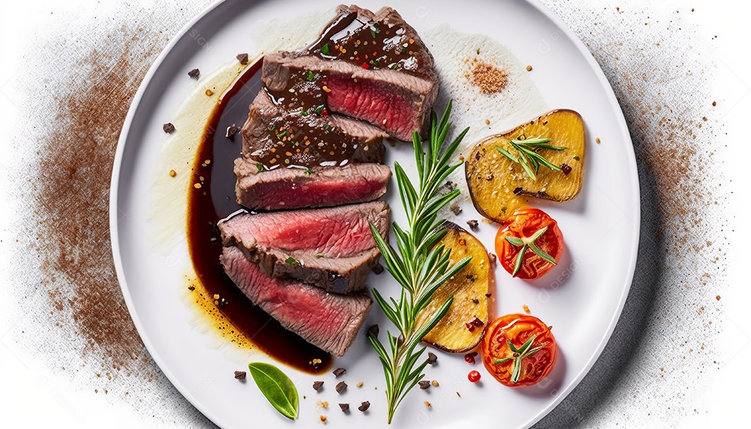 Delicioso bife grelhado em um prato de cerâmica, com especiarias