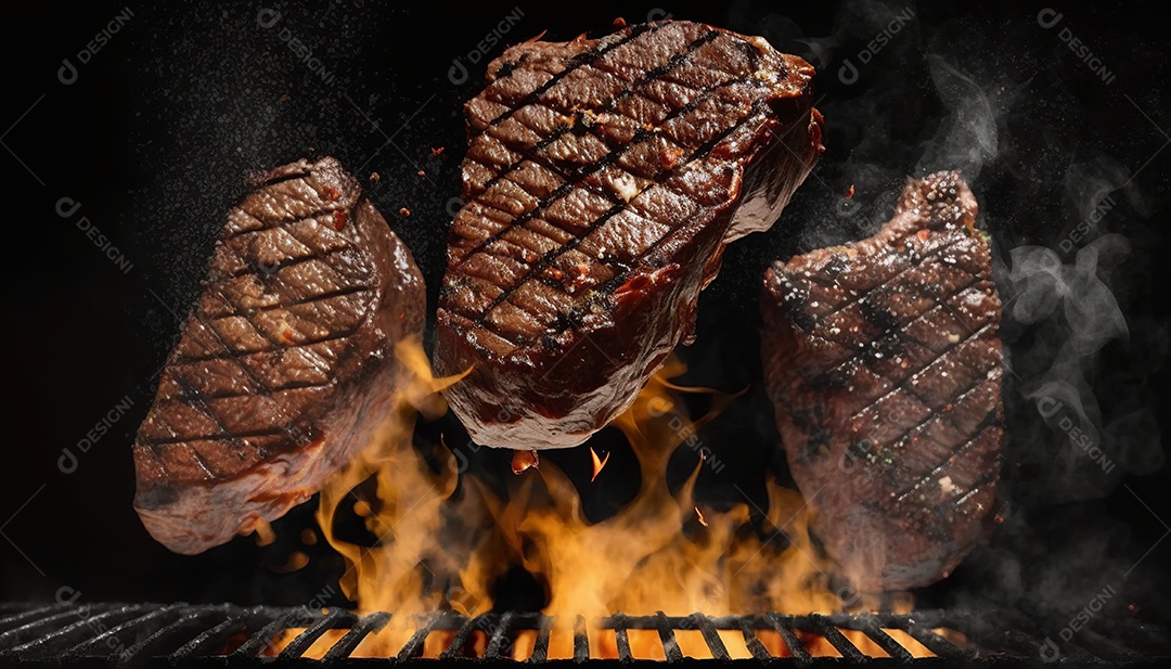 Bifes grelhados na brasa, fogo quente.