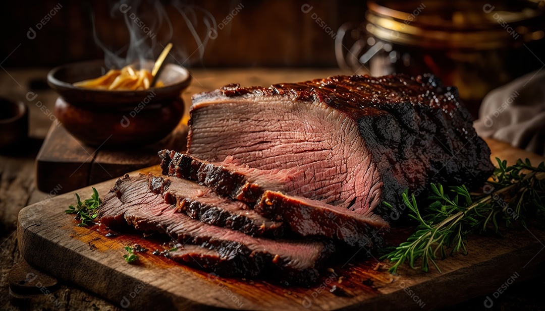 Fatia de bife malpassado em uma tábua.