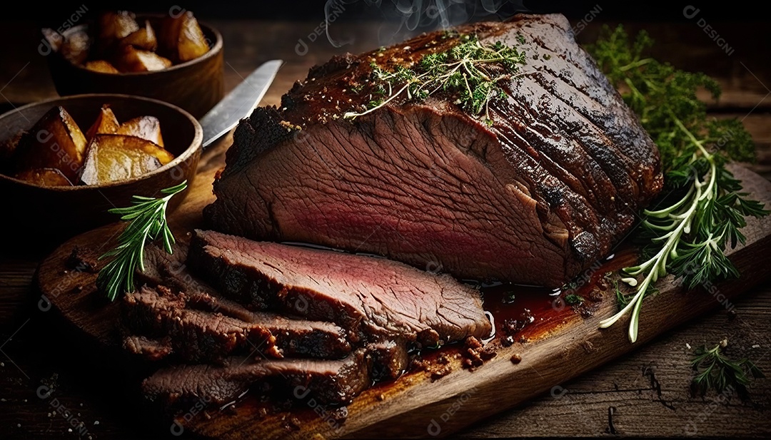 Fatia de bife malpassado em uma tábua.