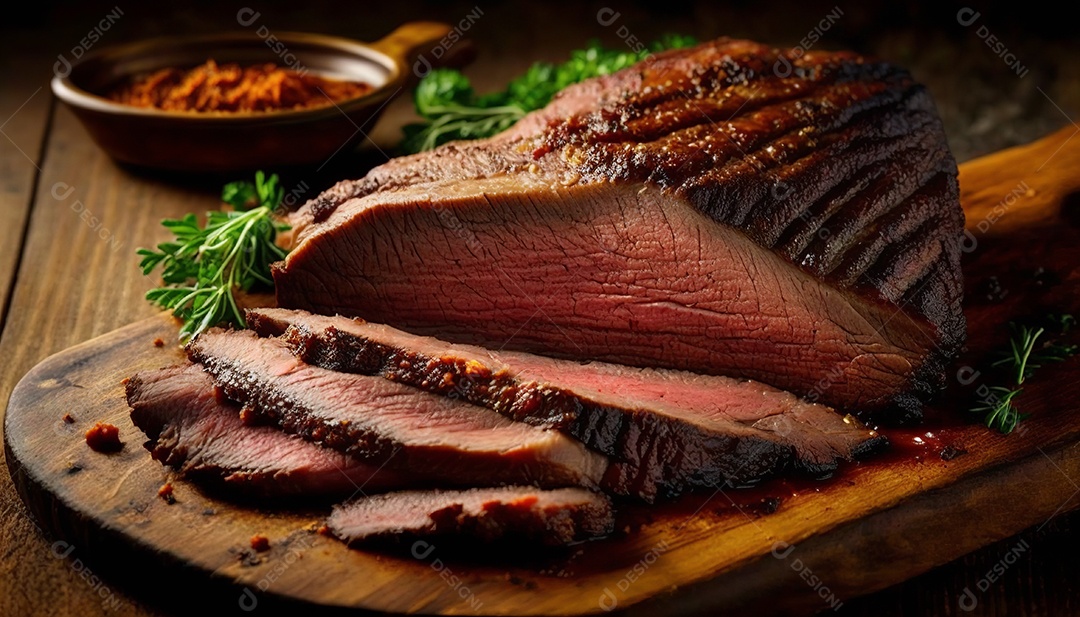 Fatia de bife malpassado em uma tábua.