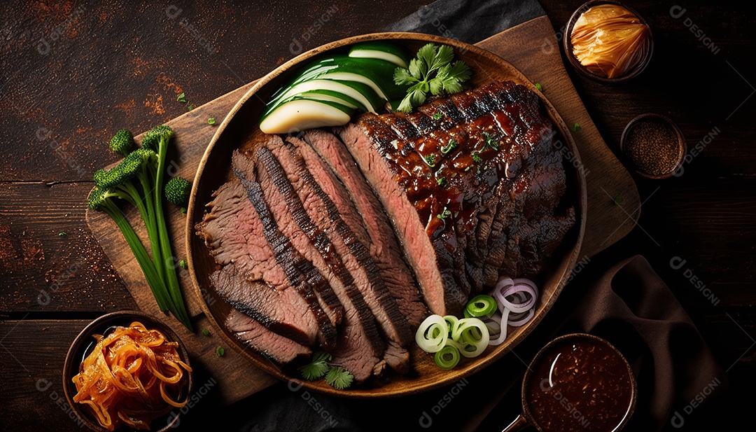 Bife assado sobre uma tabua de madeira