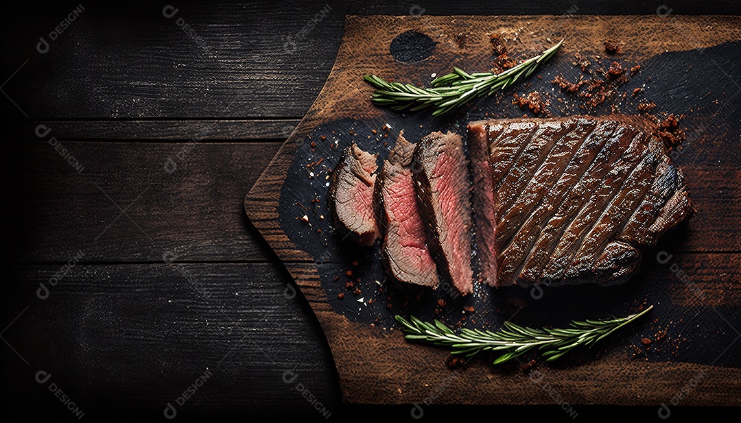 Delicioso bife grelhado em uma tábua de corte de madeira, com especiarias