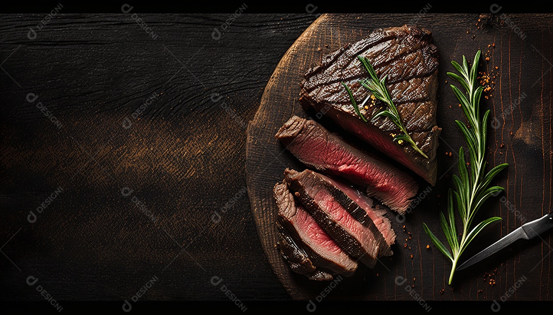 Delicioso bife grelhado em uma tábua de corte de madeira, com especiarias