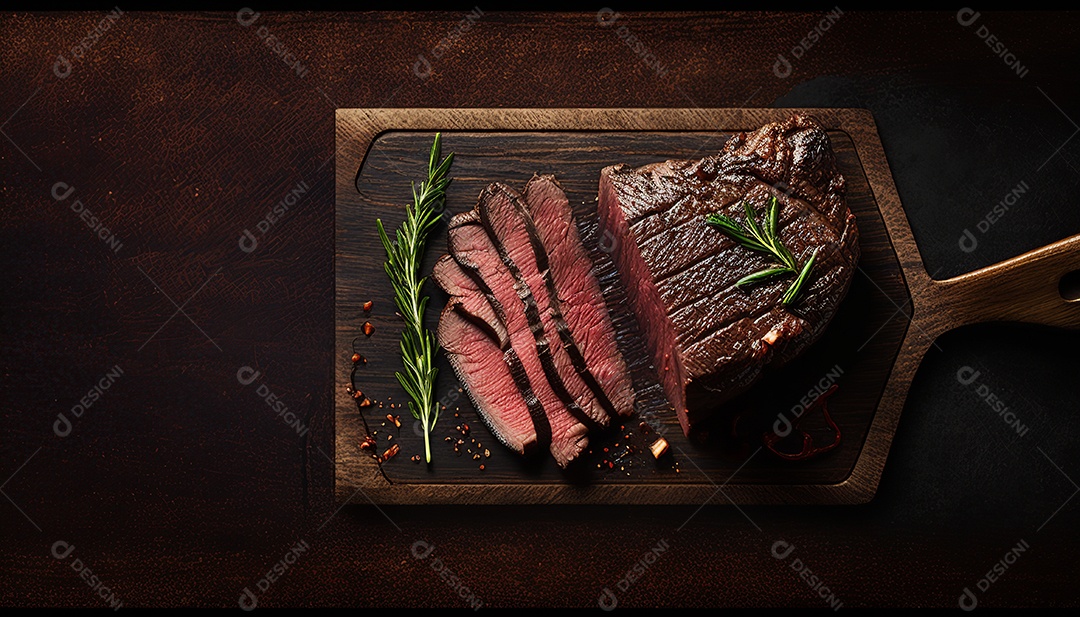 Delicioso bife grelhado em uma tábua de corte de madeira, com especiarias