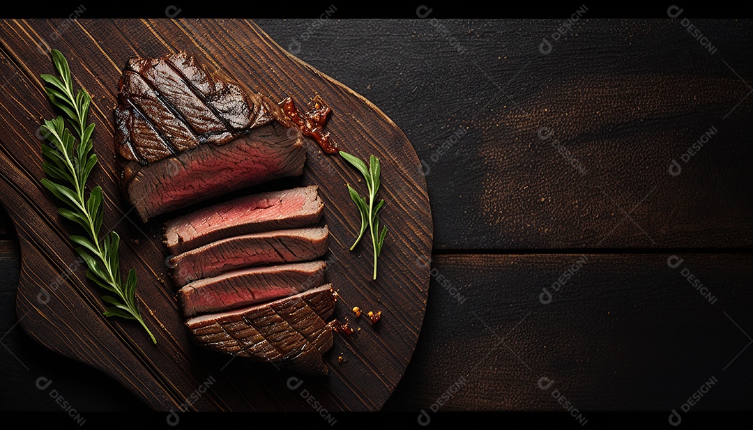 Delicioso bife grelhado em uma tábua de corte de madeira, com especiarias