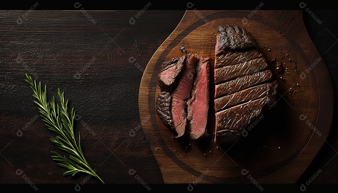 Delicioso bife grelhado em uma tábua de corte de madeira, com especiarias