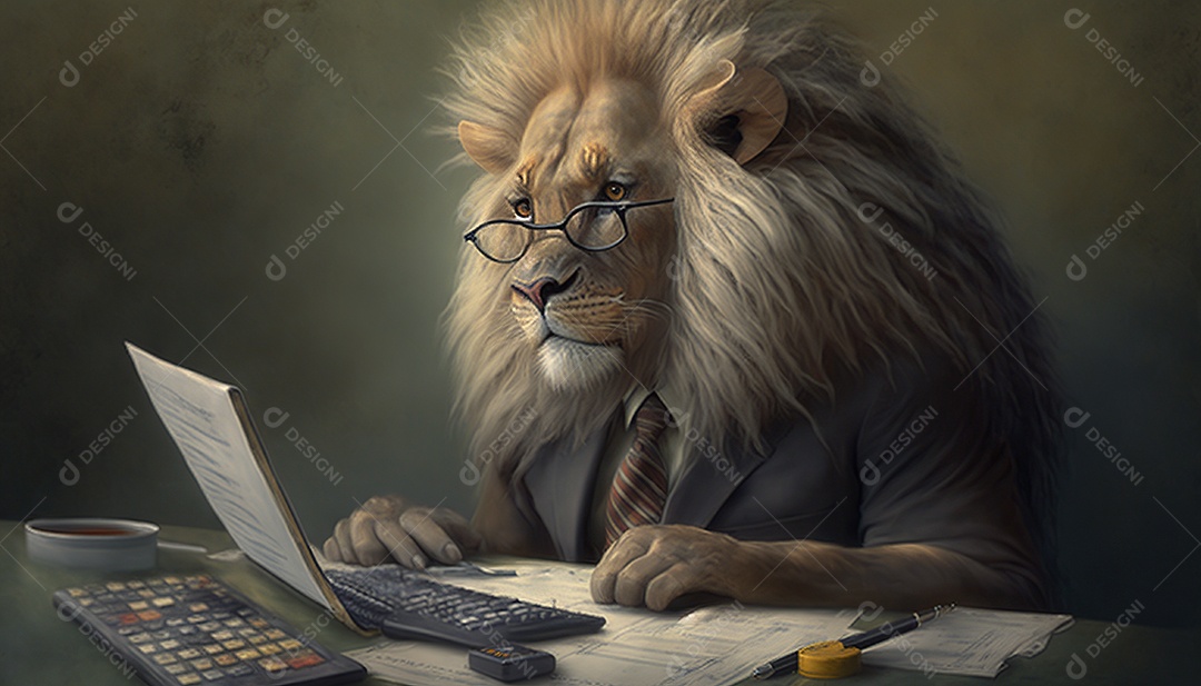 Leão sentado na mesa do escritório trabalhando