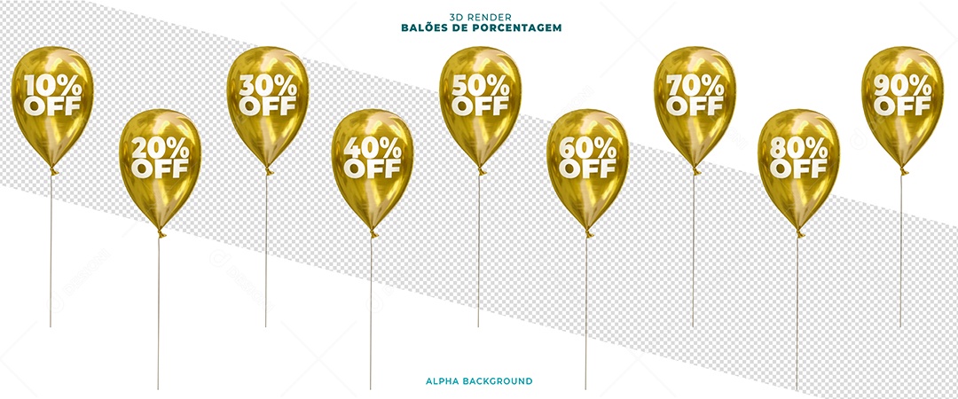 Balões De Porcentagem Dourados Elementos 3D Para Composição PSD