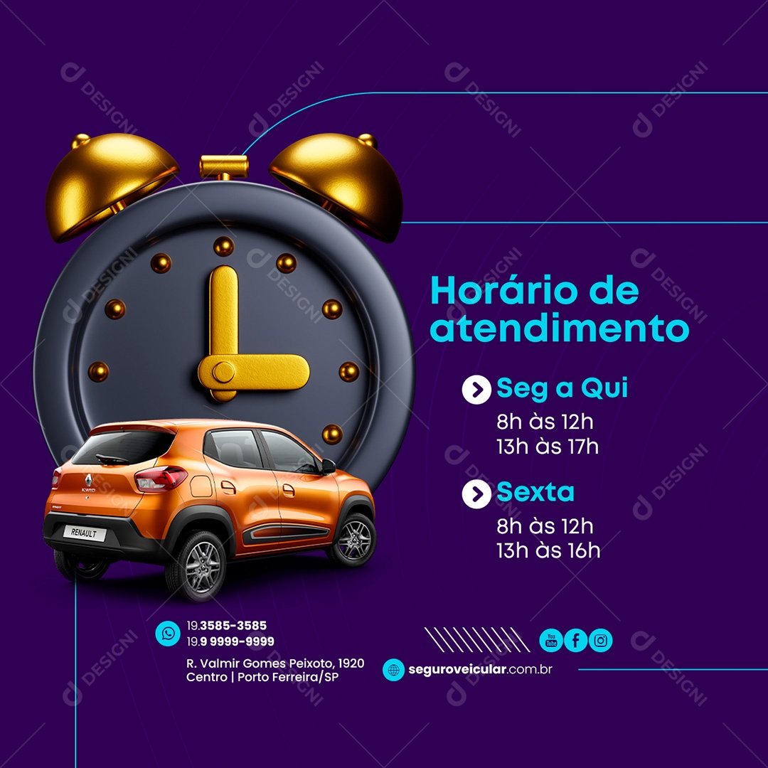 Horário De Atendimento Seguro Automotivo Social Media PSD Editável