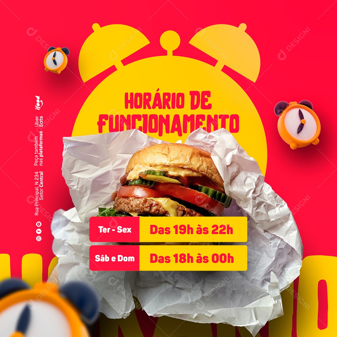 Horário de Funcionamento Hamburgueria Social Media PSD Editável